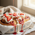 Homemade strawberry cheesecake cinnamon roll with fresh strawberries and strawberry syrup