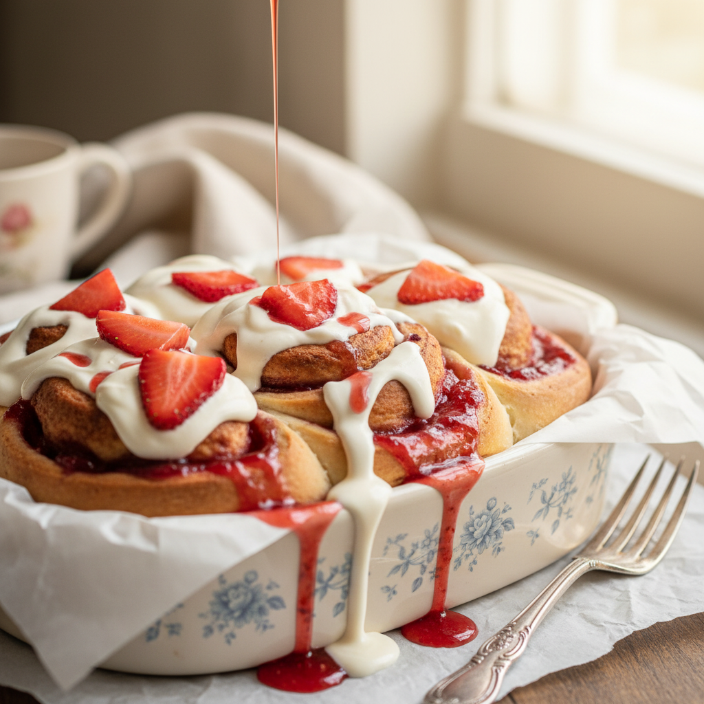 Homemade strawberry cheesecake cinnamon roll with fresh strawberries and strawberry syrup