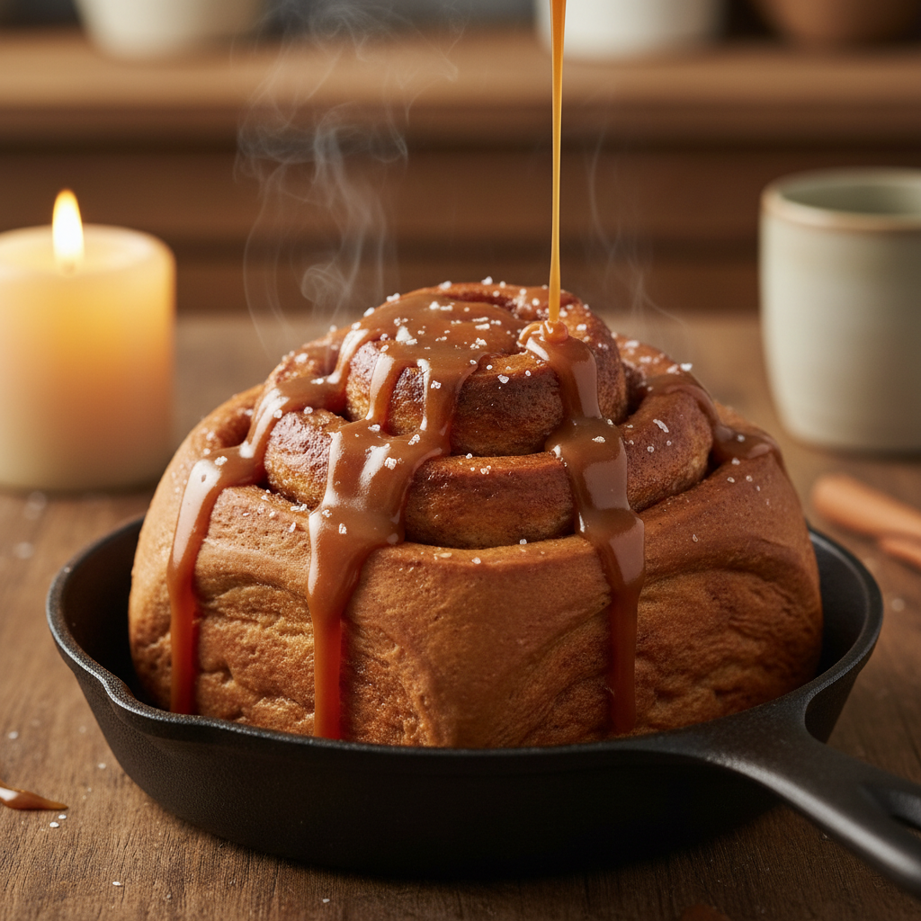 Homemade salted caramel brown butter cinnamon roll in a cast iron skillet with caramel dripping down the sides