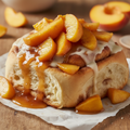 Homemade peach cobbler cinnamon roll with jammy peach compote dripping over the top