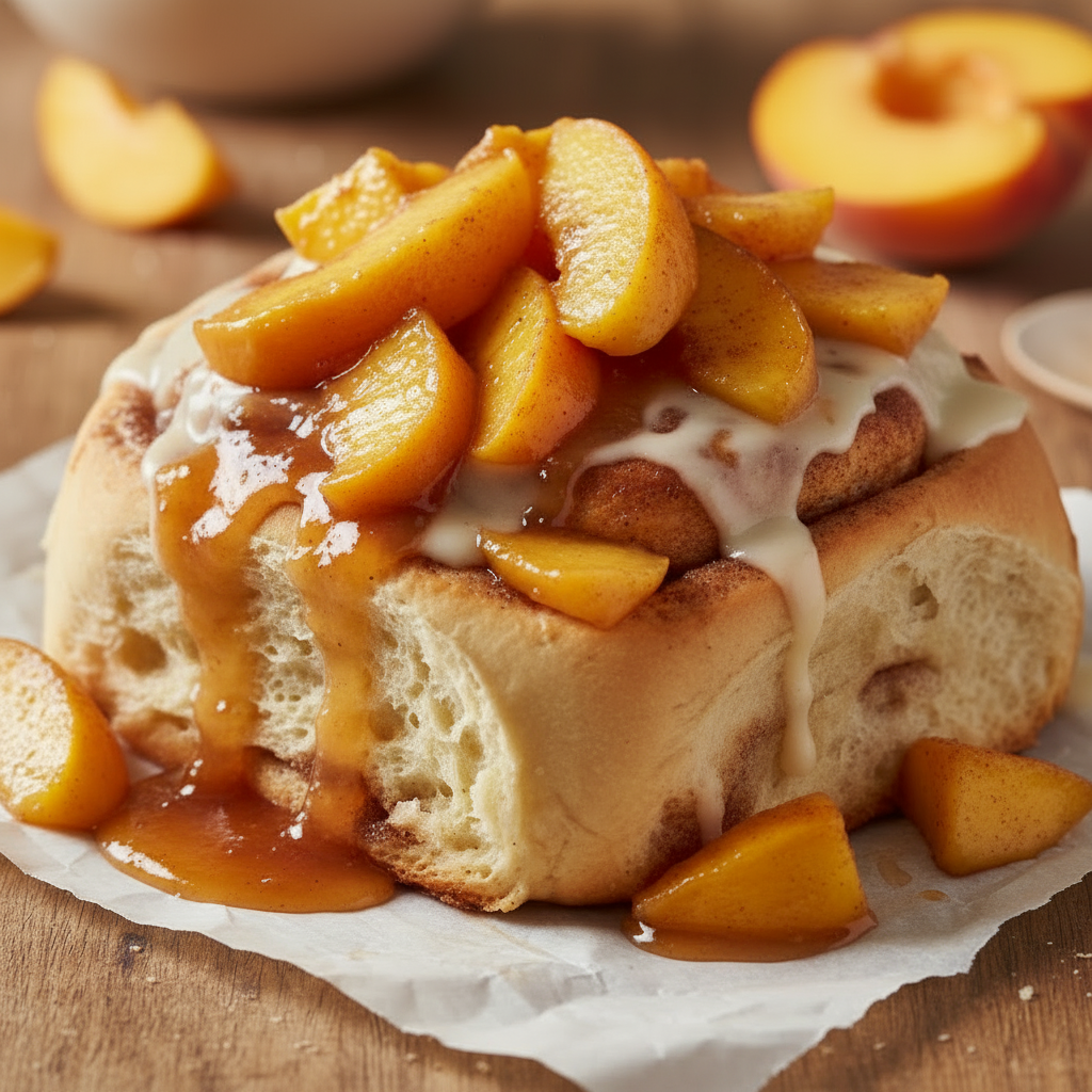 Homemade peach cobbler cinnamon roll with jammy peach compote dripping over the top